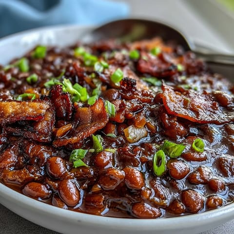 Juneteenth BBQ baked beans with bacon, a smoky-sweet Southern side dish.