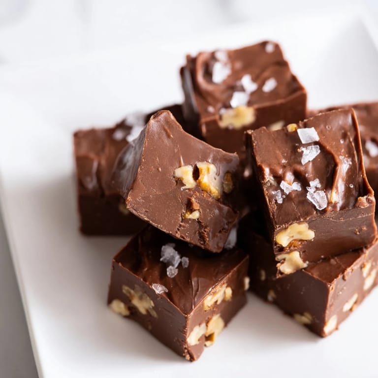Square pieces of Easy Chocolate Fudge, perfect for gifting, look decadent and are ready to be enjoyed.