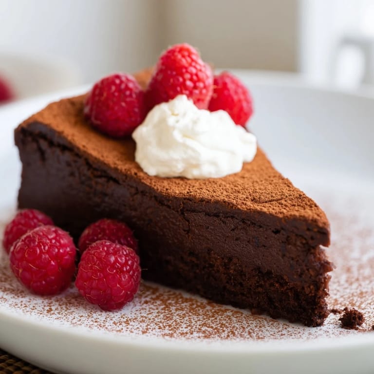A dense, fudgy, decadent flourless chocolate cake glistening with a dusting of cocoa powder, ready to eat.