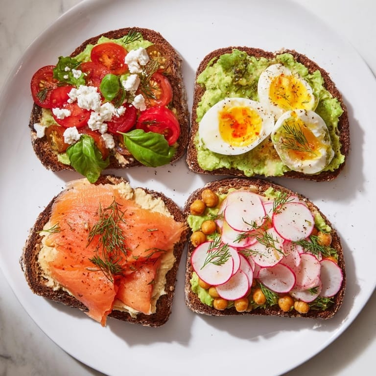 Delectable avocado toast variations showcasing a classic tomato basil topping, ready to eat.