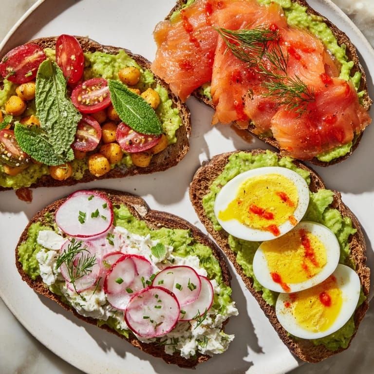 Four colorful plates display avocado toast, with elements like smoked salmon and spicy radish.