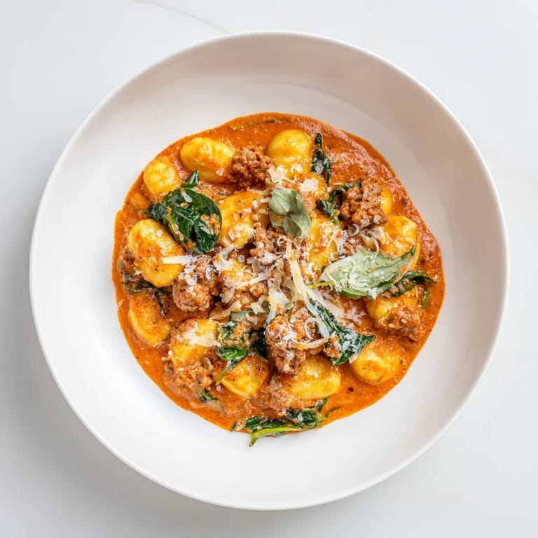 Sizzling pan of Creamy Tomato and Sausage Gnocchi: the sauce clinging to fluffy gnocchi with fresh basil garnish.