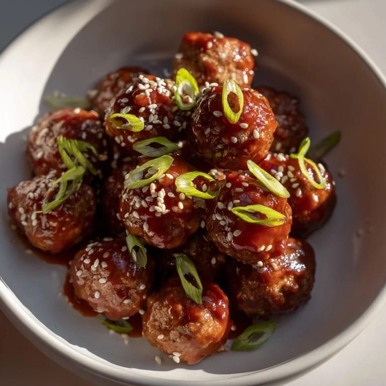 Warm, saucy Spicy Sriracha Honey Meatballs, garnished with sesame seeds and green onions, appealing for a party.