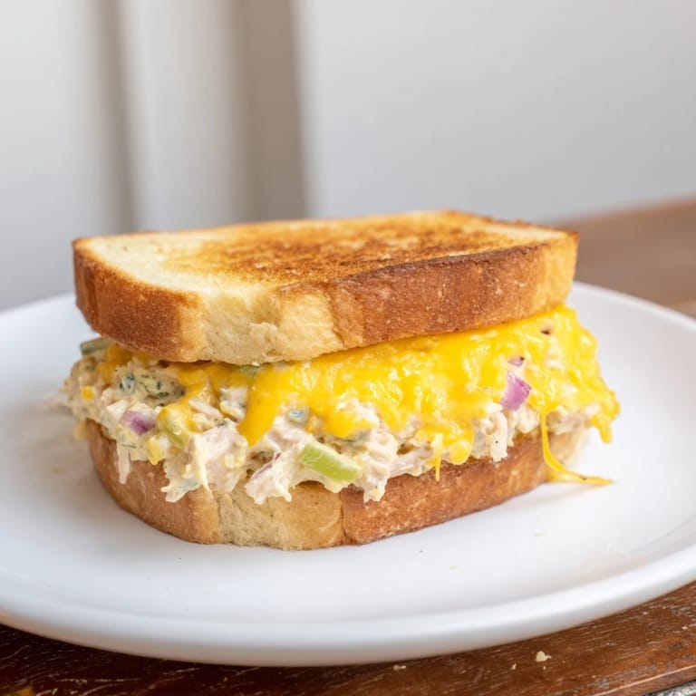A close-up of a warm, cheesy Classic Tuna Melt Sandwich, cut in half, inviting you to enjoy its deliciousness.