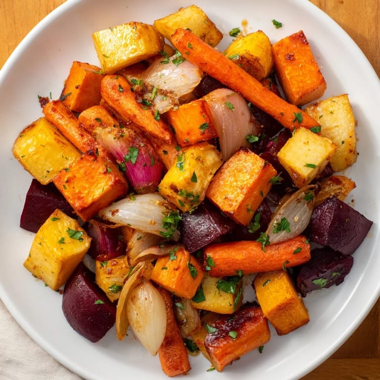 Savory and colorful, this roasted root vegetable medley is perfectly glazed and ready to serve.