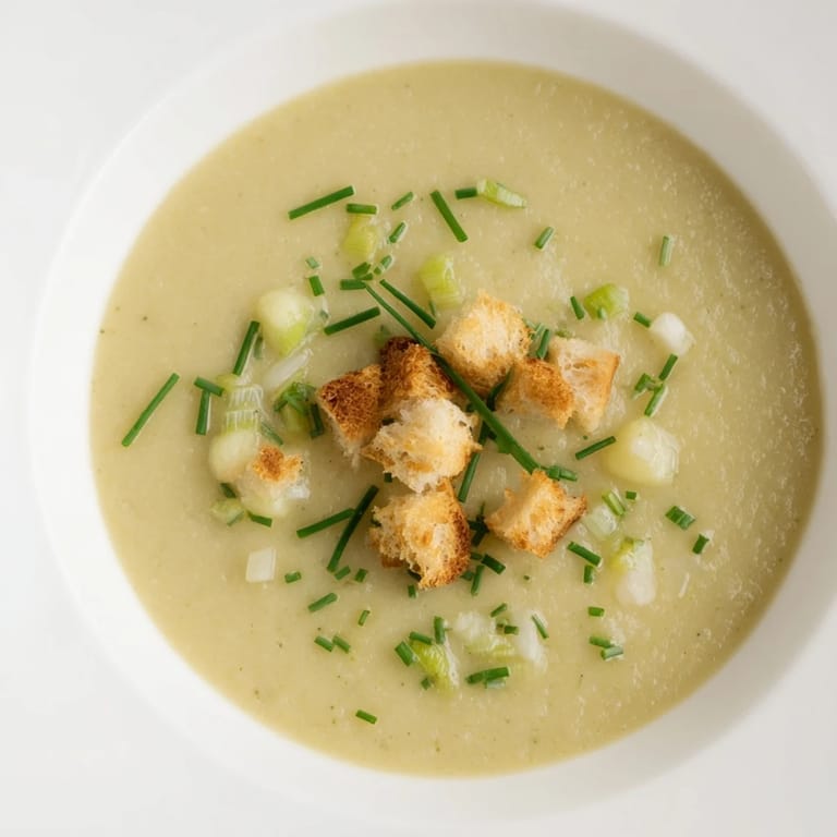 Enjoy a bowl of delicious Quick & Simple Potato and Leek Soup, garnished with fresh herbs and crunchy croutons.