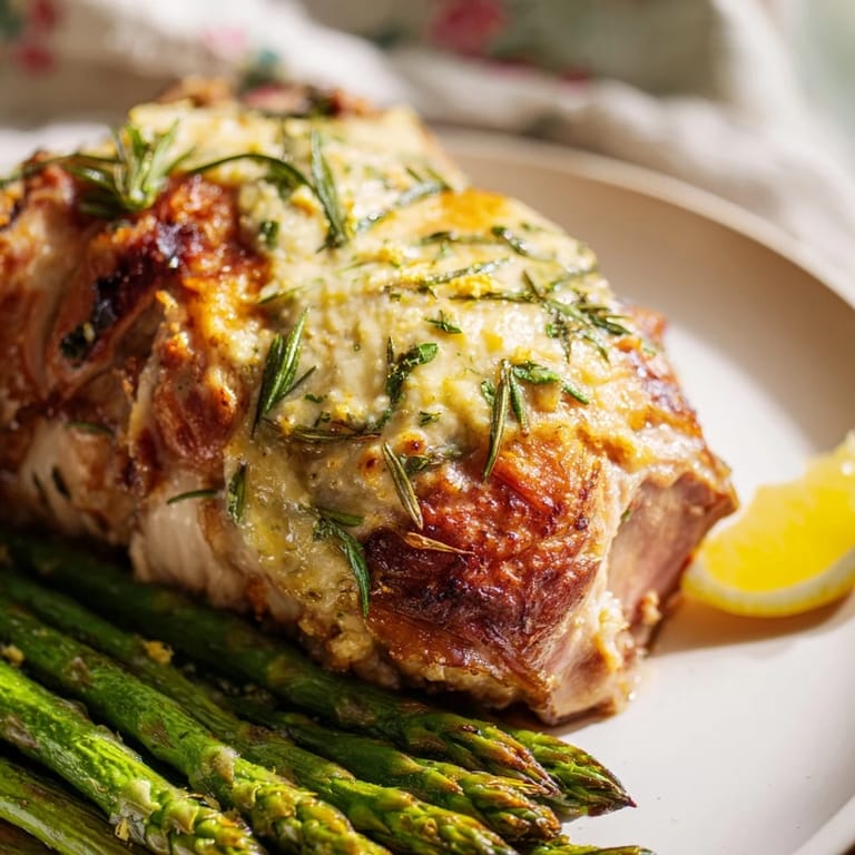Juicy One-Pan Lemon Herb Pork Chops nestled among tender asparagus, bursting with fresh herb aromas.