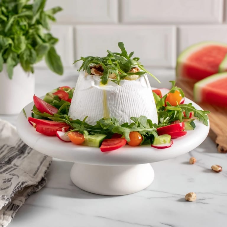 This zenith point salad boasts a vibrant arrangement of fresh ingredients surrounding a creamy cheese wheel.