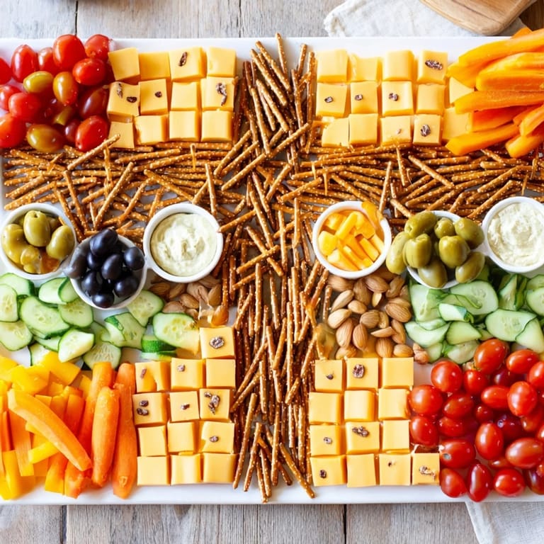 See a delicious Urban Grid, a veggie-filled snack platter with cubed cheese and pretzel "streets".
