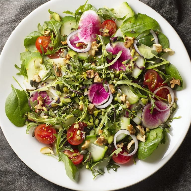 Golden spiral Fibonacci Fan Salad, illustrating an artistic arrangement with fresh produce, ready to be tossed.