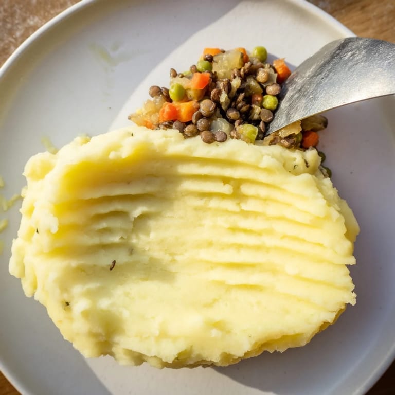 Golden-brown crust on top of bubbling Hearty Lentil Shepherds Pie, perfect for a cozy dinner tonight.