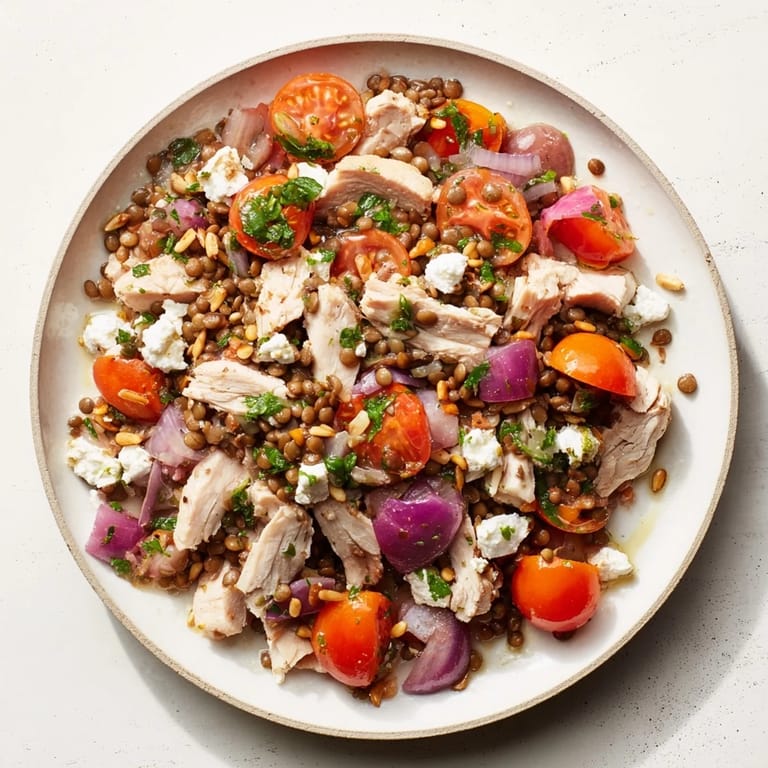 Freshly assembled Chicken and Lentil Recession Salad, perfect for a budget-friendly and nutritious meal.