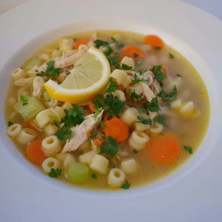 Warm spoonful of Chicken and Ditalini Flu Fighter Soup, a flavorful and nourishing American classic.