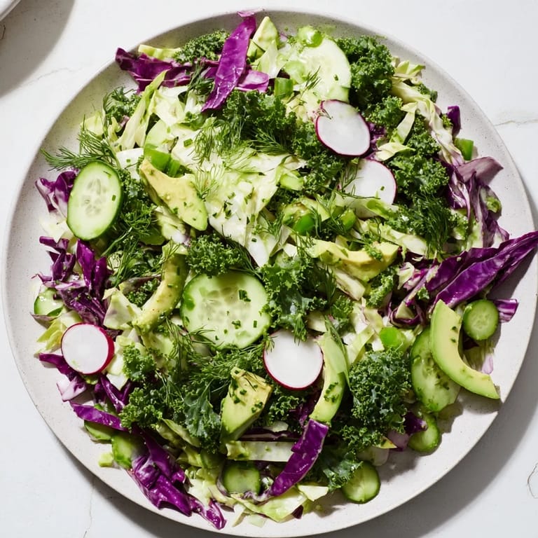 Freshly tossed Green Goddess Detox Cabbage Salad, bursting with vibrant green and purple vegetables for a healthy lunch.
