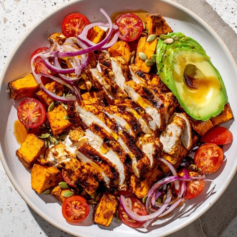 Golden roasted sweet potatoes and creamy avocado top a colorful Avocado and Sweet Potato Chicken Bowl.