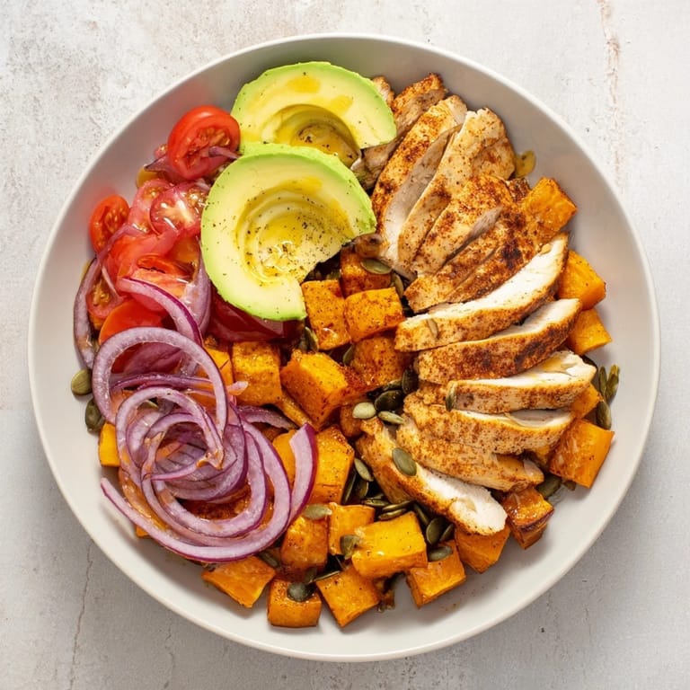 A healthy Avocado and Sweet Potato Chicken Bowl showcases the juicy chicken and fresh ingredients beautifully.
