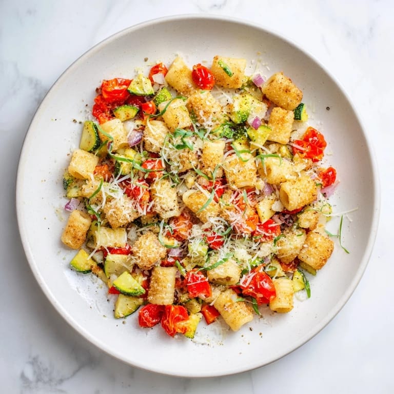 A close-up view of Ditalini with Air-Fried Vegetables, showcasing colorful, perfectly cooked veggies and Parmesan.