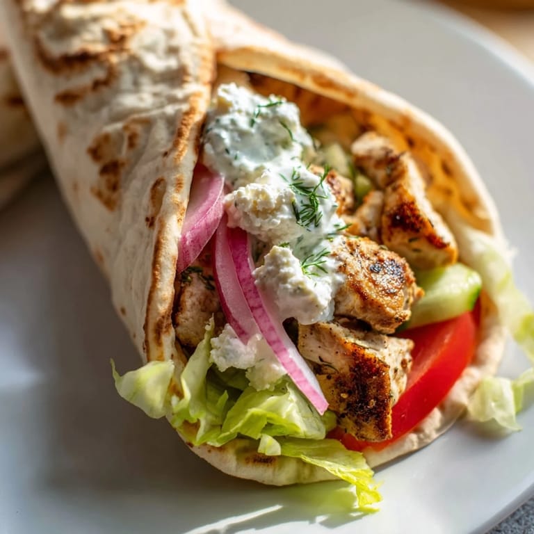 Enjoy savory Greek Chicken Souvlaki wraps; imagine tender chicken with creamy tzatziki sauce inside a warm pita.