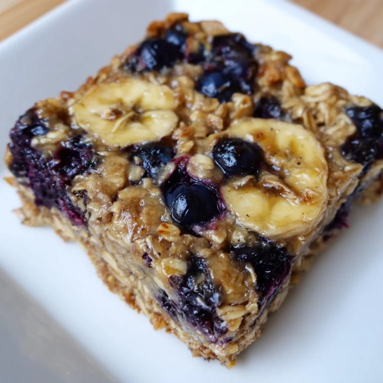 Freshly baked Blueberry Banana Oatmeal Protein Bars, filled with oats, ripe bananas, and bursting with flavor.