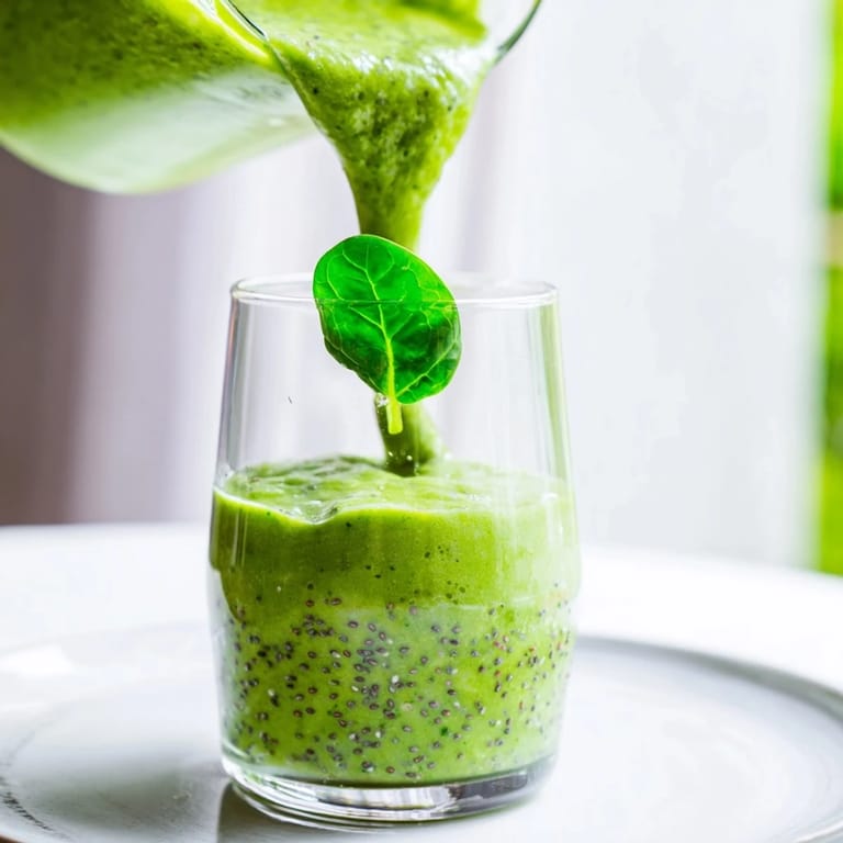 The bright green Spinach Avocado Smoothie, a refreshing dairy-free drink perfect for breakfast.