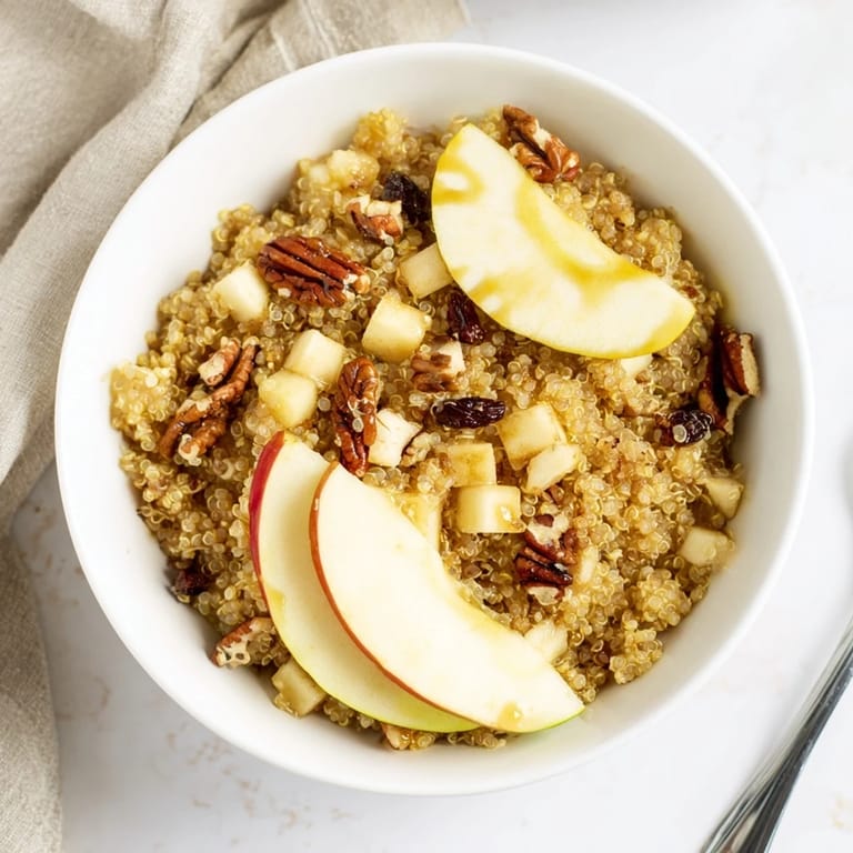 Fluffy Apple Cinnamon Quinoa Bowl, featuring fresh apple slices and a drizzle of maple syrup, is a perfect breakfast.
