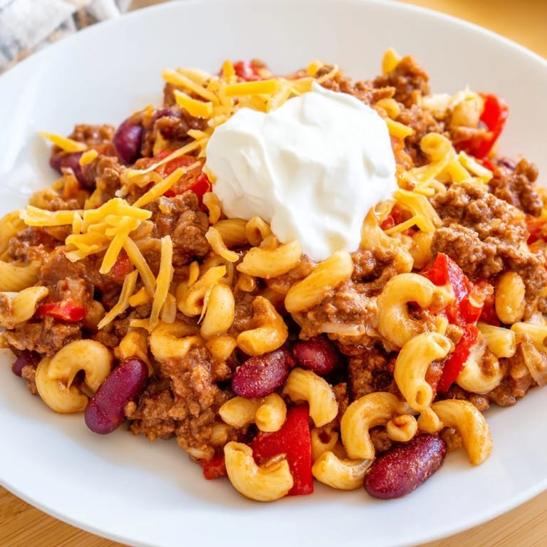 Delicious one-pot chili mac photo, showcasing tender pasta and flavorful, hearty ingredients.