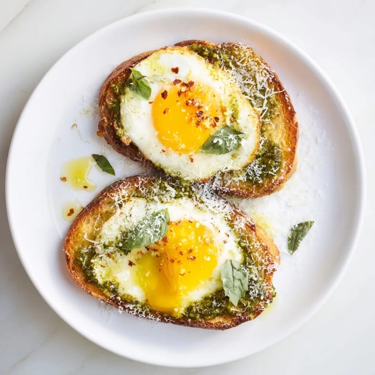 A close-up of savory Pesto Egg Toast showcases rich egg yolks and flavorful pesto on toasted bread.