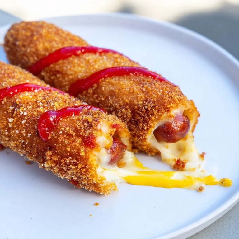 A close-up of a crispy, cheesy Cheesy Korean Corn Dog, glistening hot with a side of ketchup.