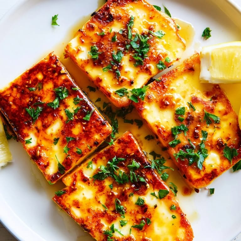 Crispy pan-fried slices of Hot Honey Halloumi, perfect for snack time or a side dish.