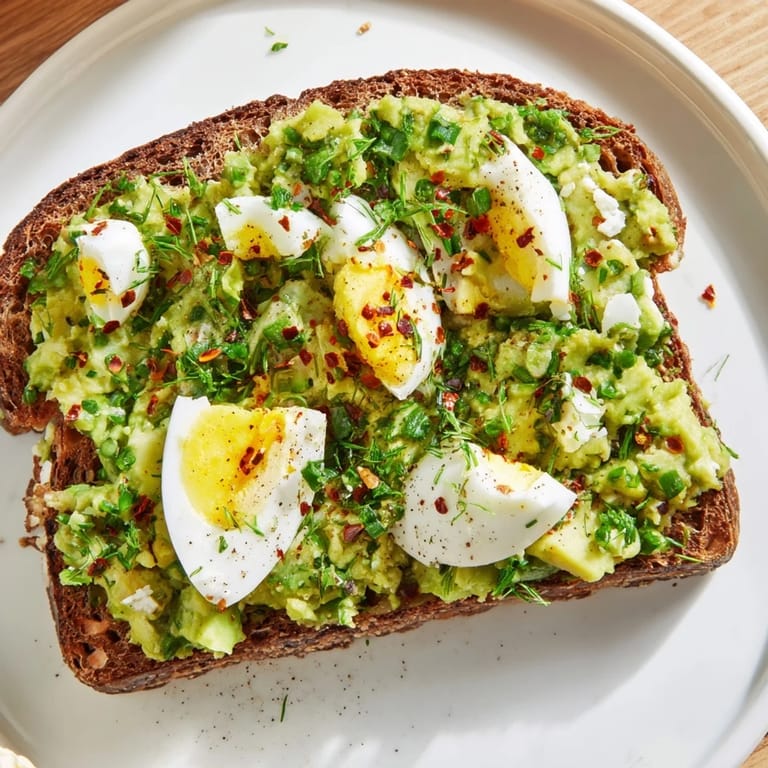 Freshly made Avocado Egg Smash, featuring vibrant herbs, served atop golden, toasted whole-grain bread slices.