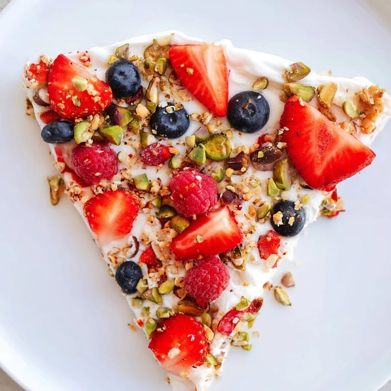 Cool, creamy frozen fruit yogurt bark with a vibrant topping of fresh berries, ready to eat!