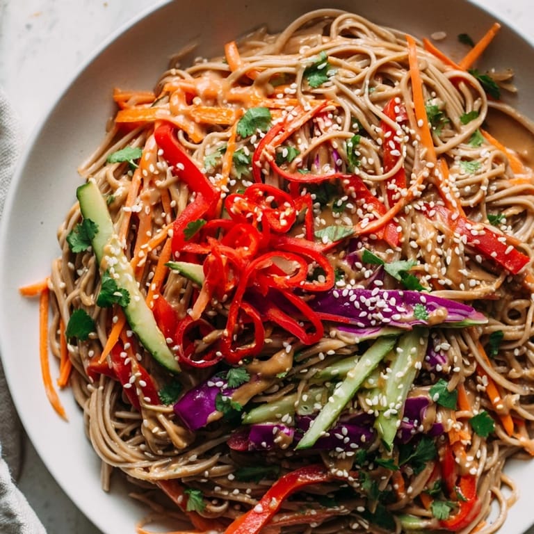 Cool, satisfying soba noodle salad overflowing with colorful, crunchy vegetable toppings, ready to enjoy.