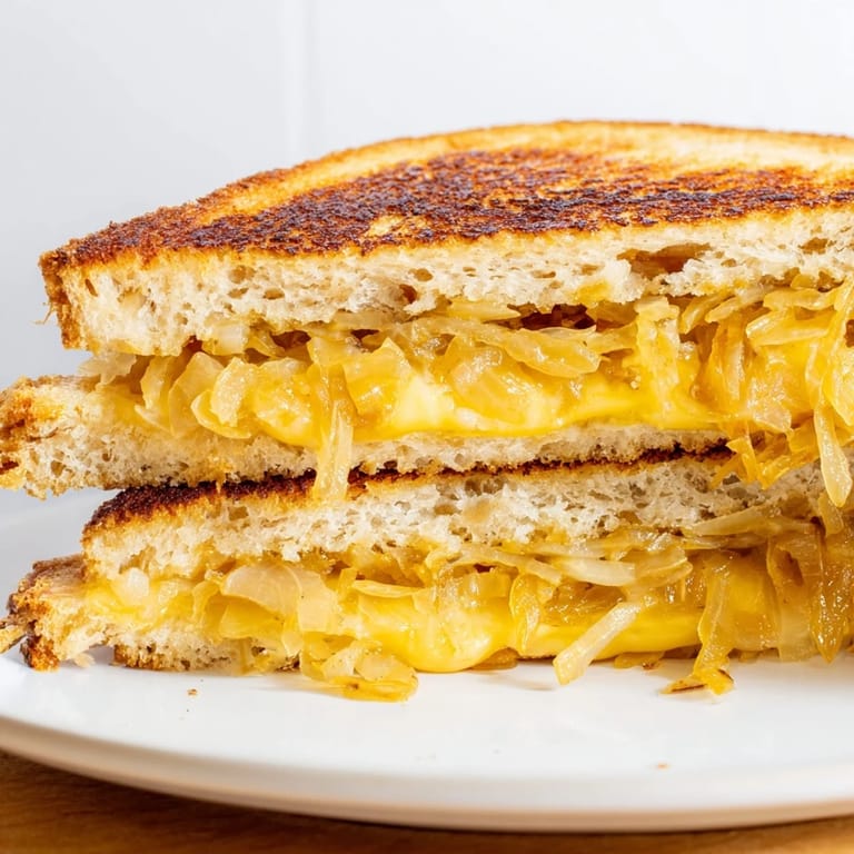 Buttery, toasted sourdough cradles gooey Gruyère and sweet caramelized onions in a grilled cheese sandwich.