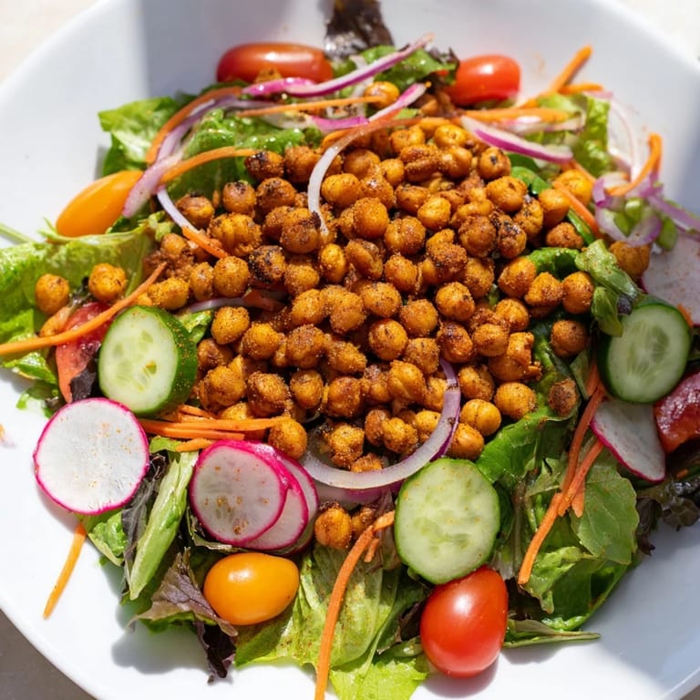 This Mixed Greens Salad showcases colorful vegetables and crispy chickpea croutons, a satisfying vegan delight.