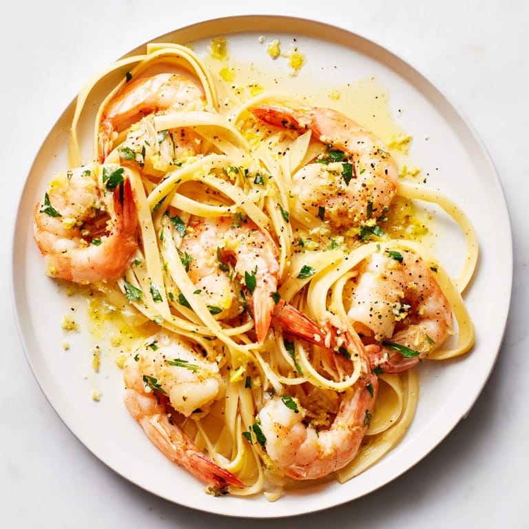 Delicious, creamy Lemon Herb Pasta with Shrimp, a light and zesty Italian-inspired dish on a plate.