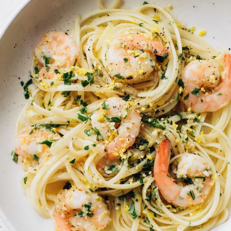 Close-up of golden shrimp and pasta in Lemon Herb Pasta, garnished with fresh herbs and lemon.
