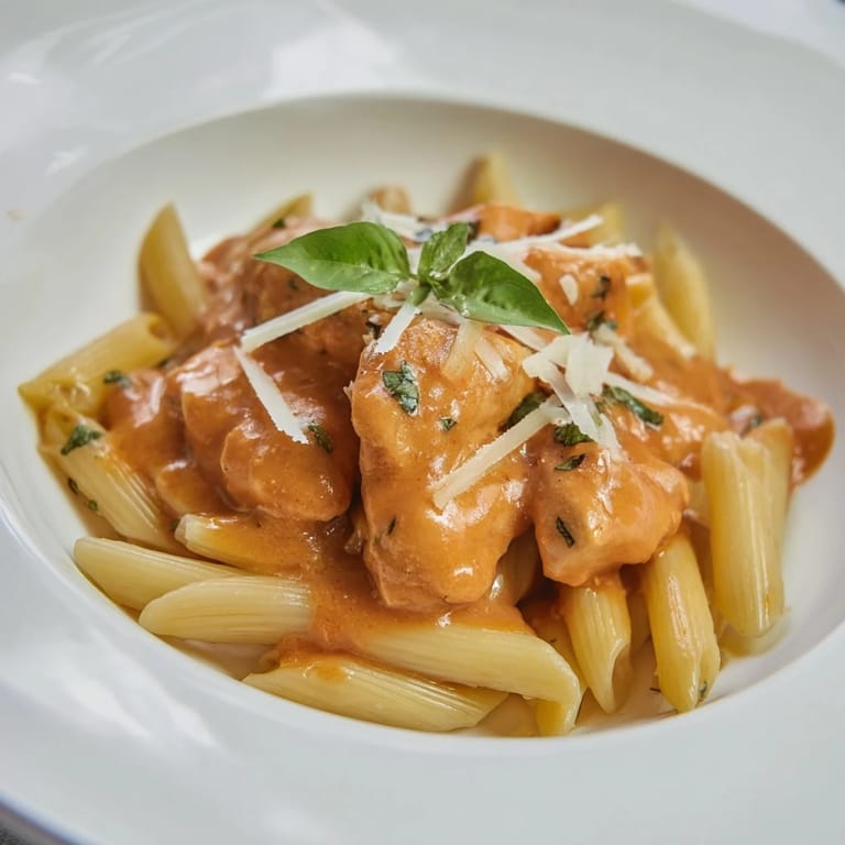 Sizzling plate of Creamy Tomato Basil Chicken Pasta with fresh basil garnish, a quick and easy recipe.