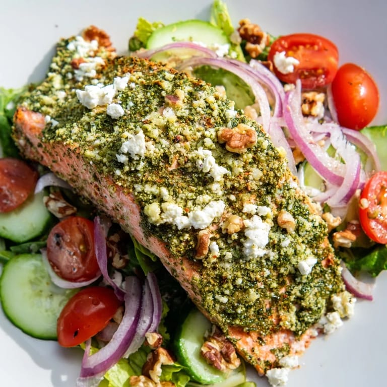A beautiful plate of herb-crusted salmon salad, showcasing moist fish and colorful salad ingredients.