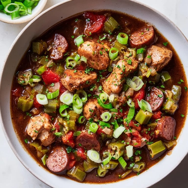 Rustic close-up of a flavorful Gumbo Okra Soup, highlighting the rich, dark roux and fresh okra.