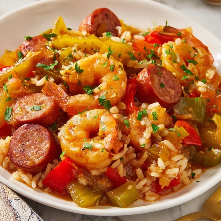A close-up shot of a flavorful Jambalaya skillet, brimming with rice and spicy Creole flavors.