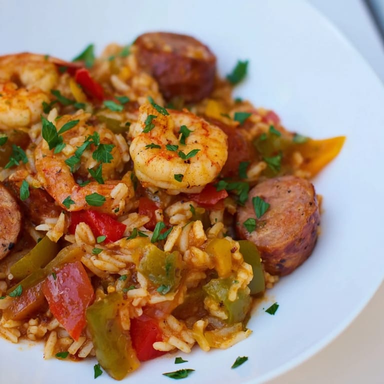 Generous serving of hearty Jambalaya skillet, garnished with fresh parsley, ready to enjoy.