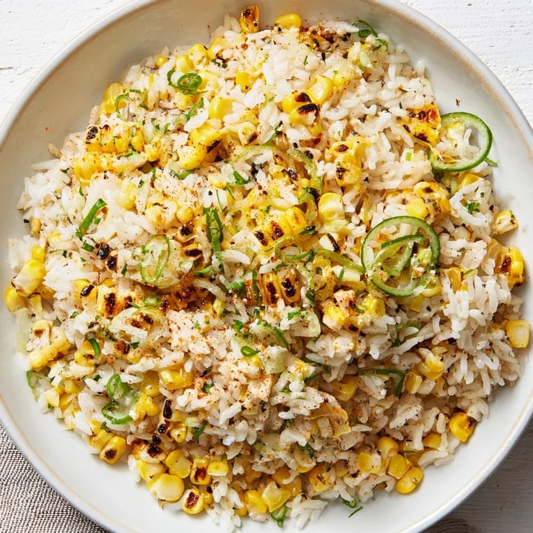 A vibrant bowl of Mexican Street Corn Rice, featuring toasted corn and a zesty lime dressing, ready to eat.