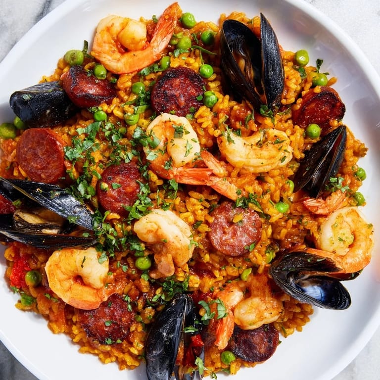 Golden, savory Paella Spanish Rice in a large pan, a delicious main course for sharing.