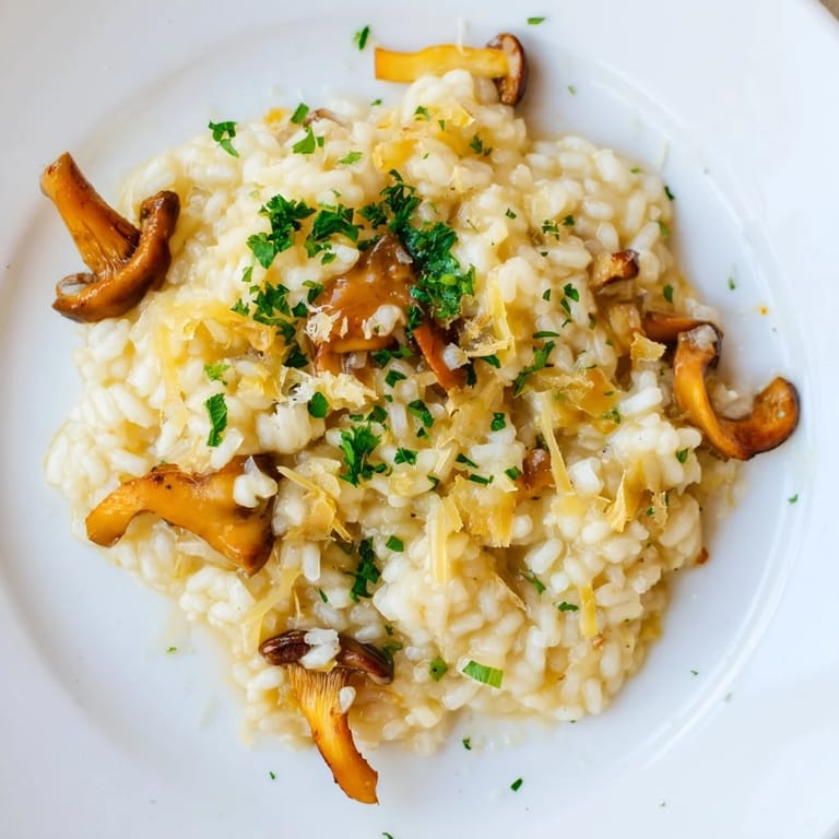 A close-up of creamy risotto with mushrooms, showing the rich, savory sauce and Arborio rice.