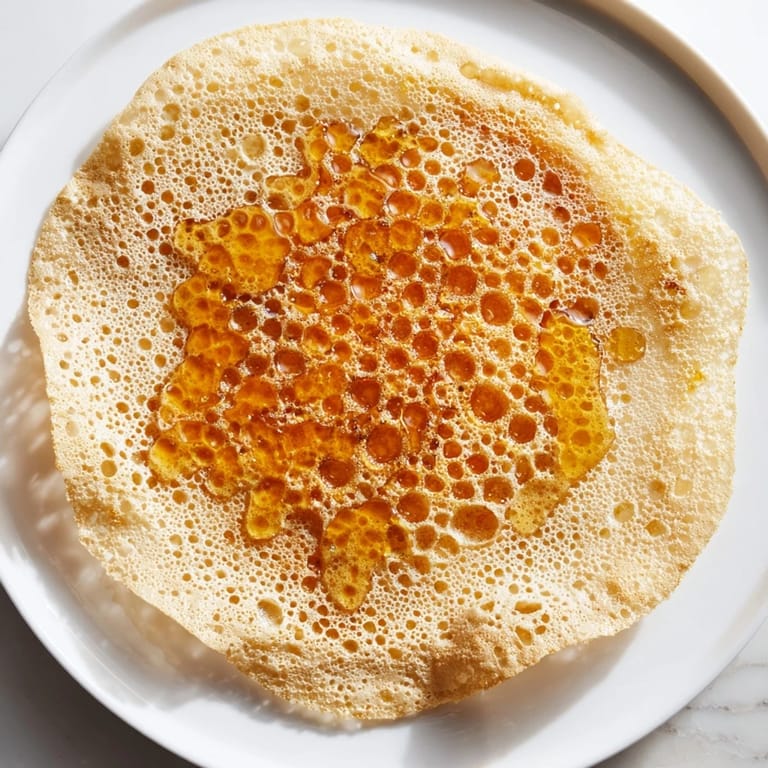 A close-up of the spongy, bubbly surface of freshly cooked Moroccan Baghrir, ready for a drizzle.