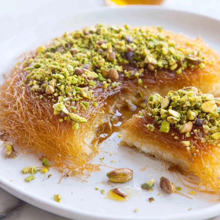 Close-up of a crispy, sweet Lebanese Knafeh, perfect dessert treat with a flaky, buttery texture.