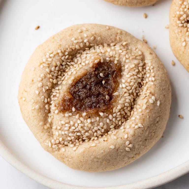 Close-up of freshly baked Palestinian Kahk cookies, showing their delicate filling and enticing, flaky texture to savor.