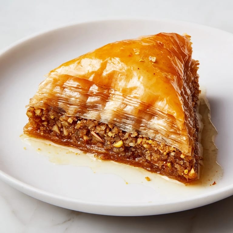 Close-up of freshly baked Turkish baklava, showcasing layers of phyllo pastry and a rich nut filling.