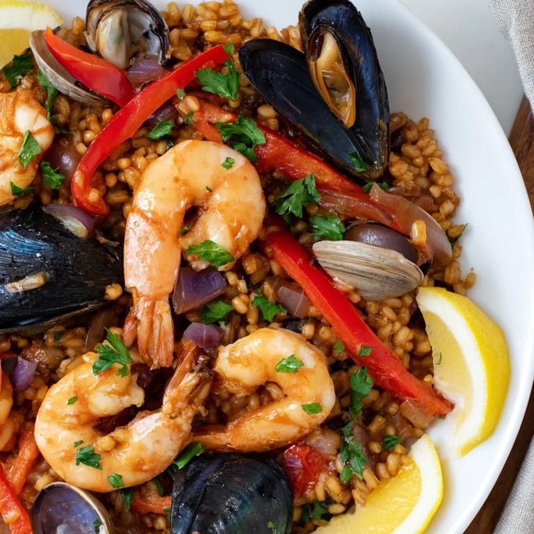 Fragrant Spanish Seafood Paella, a seafood and rice dish, ready to be served with fresh parsley garnish.