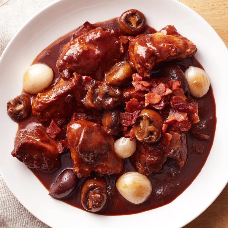 Warm and savory Coq au Vin, with mushrooms, carrots, and bacon, simmers beautifully.